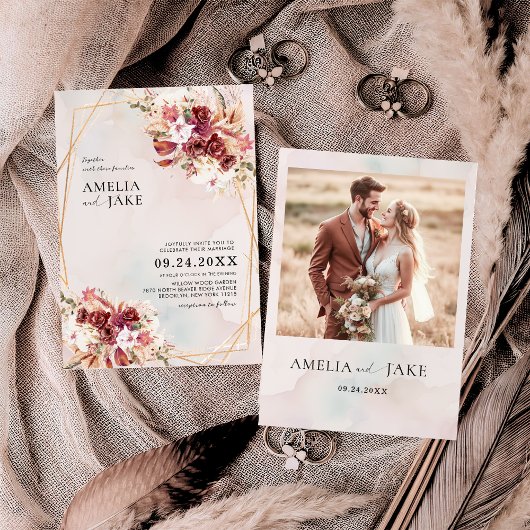 Invitation Pampas Burgundy Floral Geometric Wedding