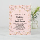 Invitation Pampas Christening florales rose or rose fille (Debout devant)