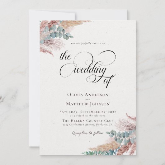 Invitation Pampas de Bohême Grass tout en un Mariage (Devant)