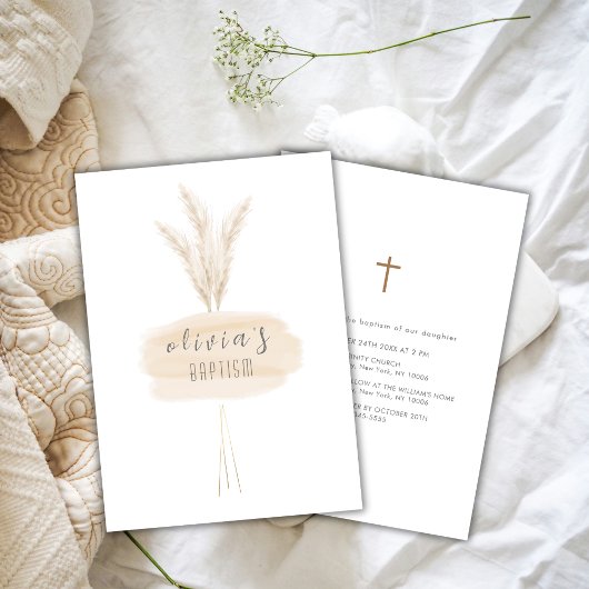 Invitation Pampas de Boho Neutre Moderne Christening Baptême