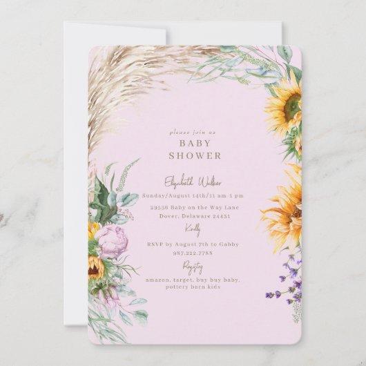Invitation Pampas de Boho rose Baby shower de tourbe de tourn (Devant)