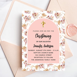 Invitation Pampas de Christening fleurs rose or rose luxe