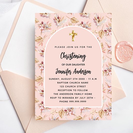 Invitation Pampas de Christening floraux rose or rose luxe