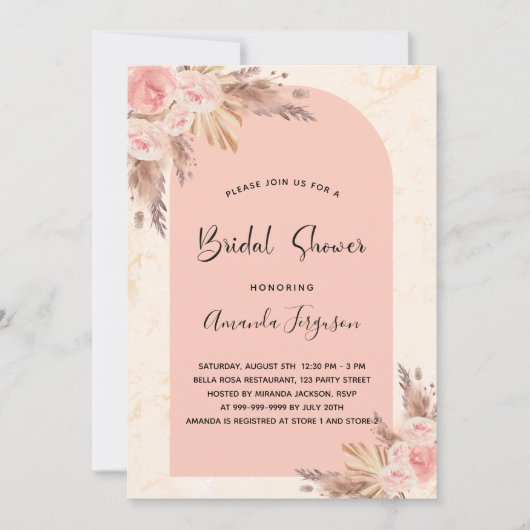 Invitation Pampas de douche nuptiale rose or blush boho (Devant)