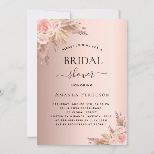 Invitation Pampas de douche nuptiale rose or boho (Devant)