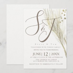 Invitation Pampas de mariage ivoire en feuille d'or faux bohè