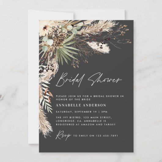 Invitation Pampas douche nuptiale herbe moderne boho élégant (Devant)