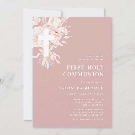 Invitation pampas dusté rose première communion (Devant)