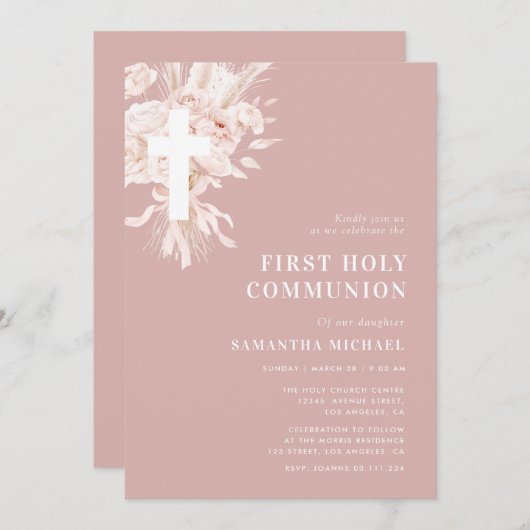 Invitation pampas dusté rose première communion (Devant / Derrière)