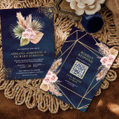 Invitation Pampas Dusty Rose Roses Marine bleu QR Code Mariag
