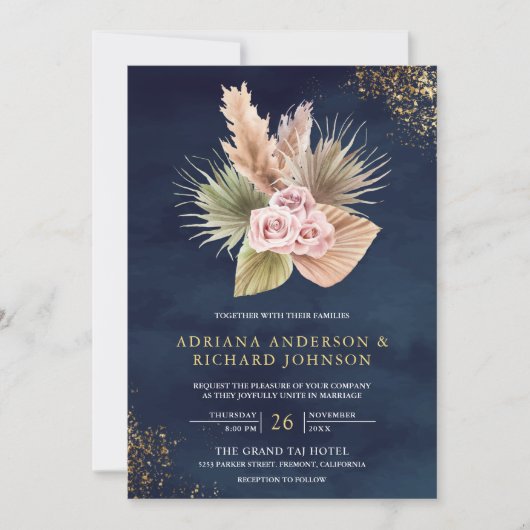 Invitation Pampas Dusty Rose Roses Marine bleu QR Code Mariag (Devant)