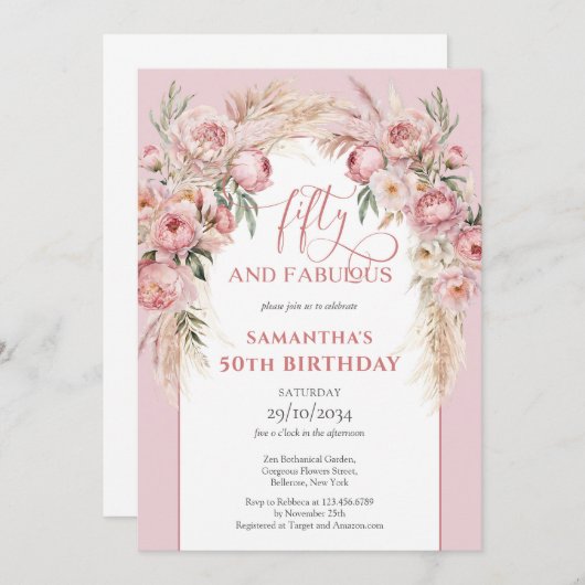 Invitation Pampas en arc de bouho fleurs roses rousses 50e an (Devant / Derrière)