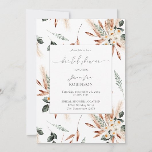 Invitation Pampas en cuivre Boho & Fête des mariées florale B (Devant)