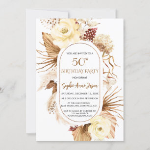 Invitation Pampas en cuivre floral ivoire Photo 50e anniversa