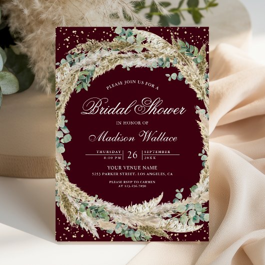 Invitation Pampas Eucalyptus Wreath Burgundy Bridal Shower