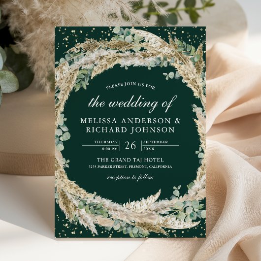 Invitation Pampas Eucalyptus Wreath Emerald Green Wedding
