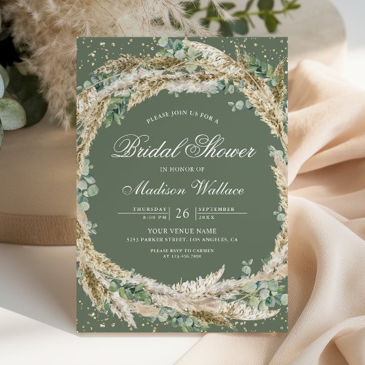 Invitation Pampas Eucalyptus Wreath Sage Green Bridal Shower