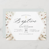 Invitation pampas fleurie blanche cadre élégant baptême (Devant / Derrière)