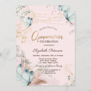 Invitation Pampas Fleurs de laiton Bleu Papillons Quinceañera