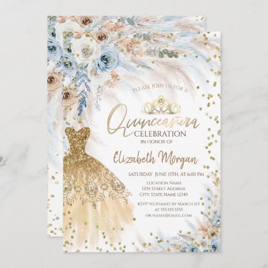 Invitation Pampas Fleurs de laiton Robe Diamants Quinceañera (Devant / Derrière)