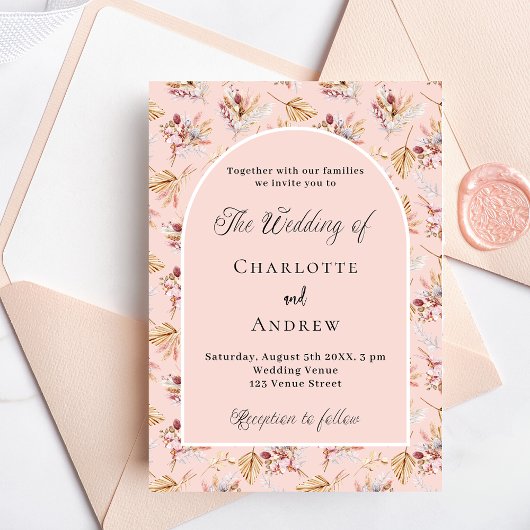 Invitation Pampas fleurs d'herbe rose or boho mariage