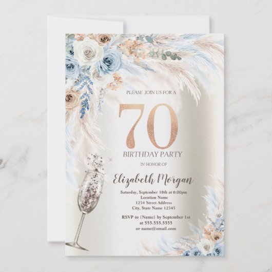 Invitation Pampas Fleurs d'herbe Verre de Champagne 70e anniv (Devant)