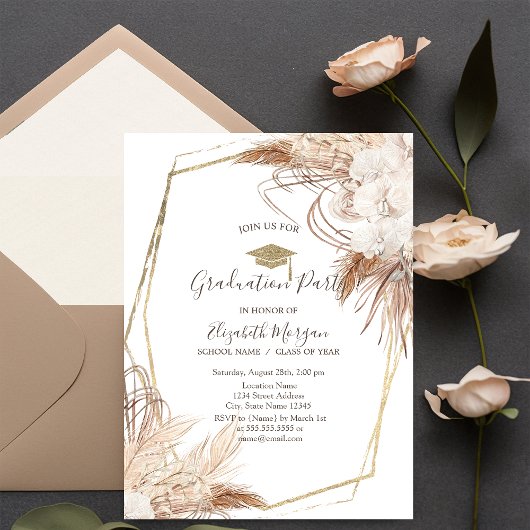 Invitation Pampas Fleurs Grass Casquette Grad, Diplôme