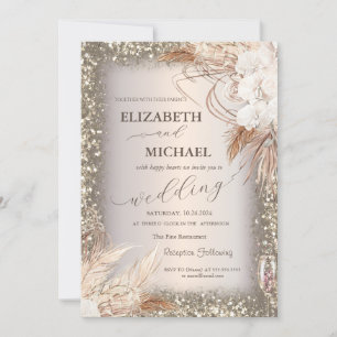 Invitation Pampas Fleurs Grass Sequins Cadre