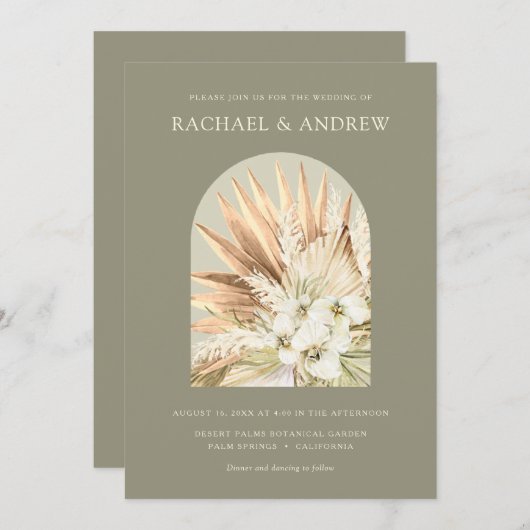 Invitation Pampas Fleurs séchées Grass Moderne Moss Arc Vert (Devant / Derrière)