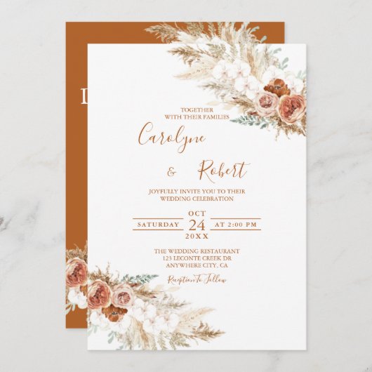 Invitation Pampas Floral Muet Mariage en herbe tout en un (Devant / Derrière)