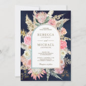 Invitation Pampas Floral Rose Russe Mariage bleu marine (Devant)