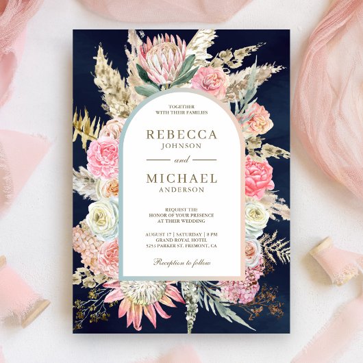 Invitation Pampas Floral Rose Russe Mariage bleu marine