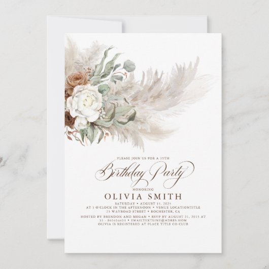 Invitation Pampas Florale de verdure Boho de laiton Anniversa (Devant)