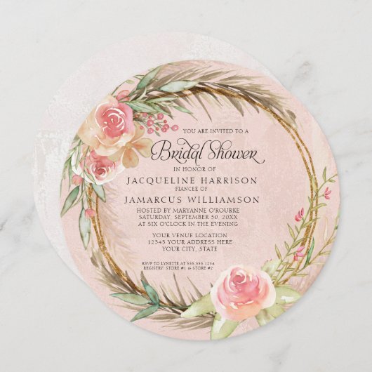 Invitation Pampas Florale Pampas Rose Aquarelle ronde BOHO (Devant / Derrière)