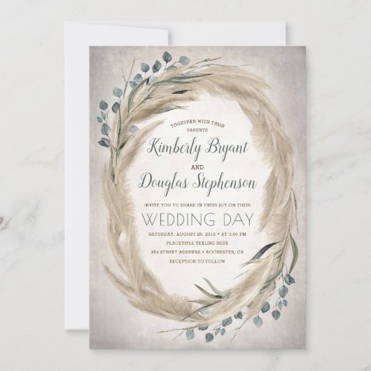 Invitation Pampas Grass and Greenery Wreath Vintage Wedding (Devant)
