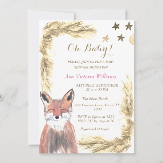 Invitation Pampas Grass Baby Girl Aquarelle rose Beige (Devant)