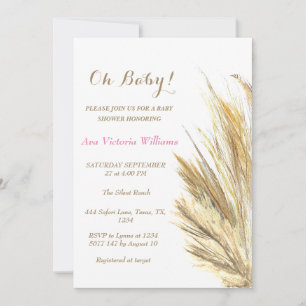 Invitation Pampas Grass Baby Girl Aquarelle rose Beige