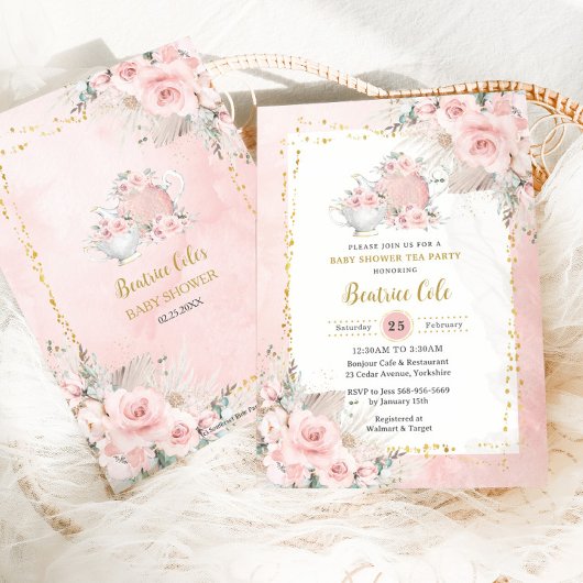 Invitation Pampas Grass Blush Floral Tea Party Baby shower