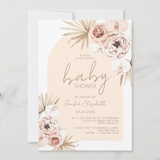 Invitation Pampas Grass Boho Baby shower bohème (Devant)