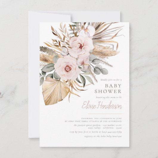 Invitation Pampas Grass Boho Bohemian Desert Girl Baby shower (Devant)