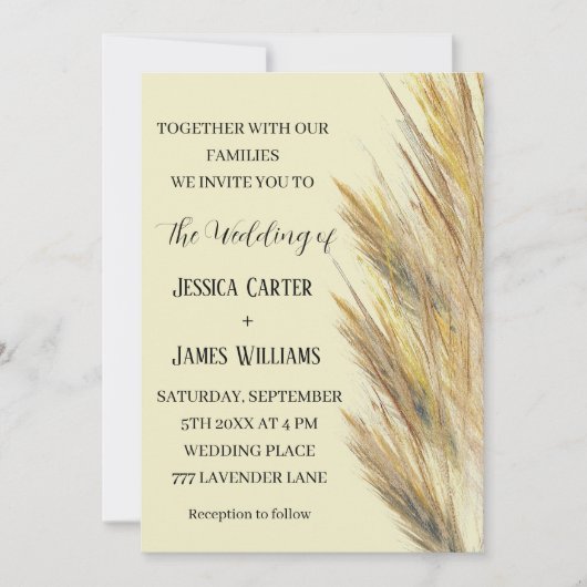 Invitation Pampas Grass Boho Bohemian Grass Simple Mariage (Devant)