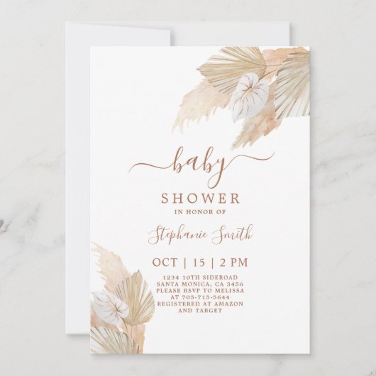 Invitation Pampas Grass Boho Chic Baby shower (Devant)