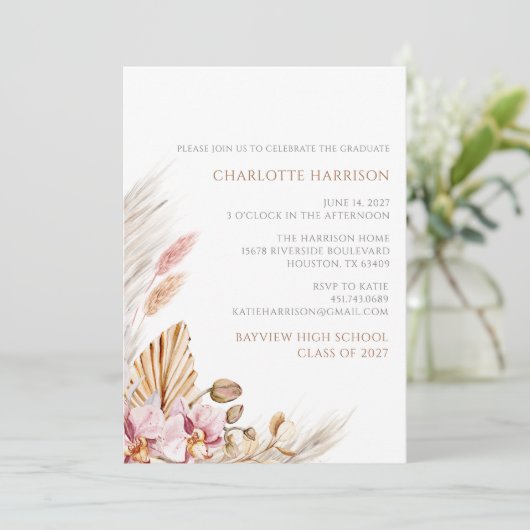 Invitation Pampas Grass Boho Chic Floral Graduation (Debout devant)