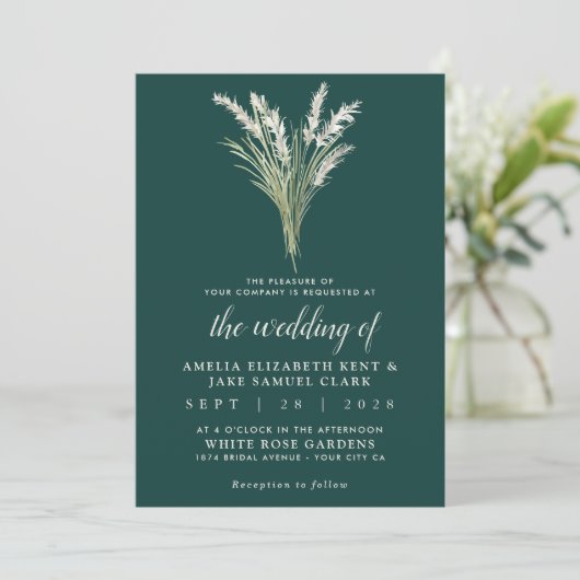 Invitation Pampas Grass Boho Emerald Mariage vert (Debout devant)