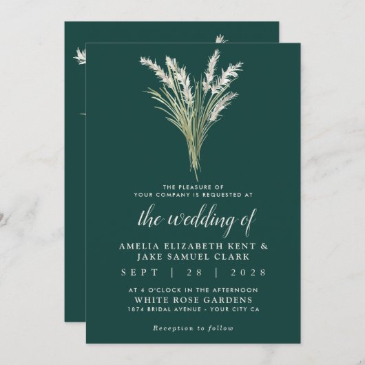 Invitation Pampas Grass Boho Emerald Mariage vert (Devant / Derrière)