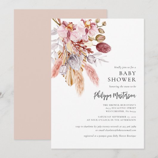 Invitation Pampas Grass Boho Floral Girl Baby shower (Devant / Derrière)