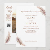 Invitation Pampas Grass Boho Photo QR Code Mariage (Devant / Derrière)