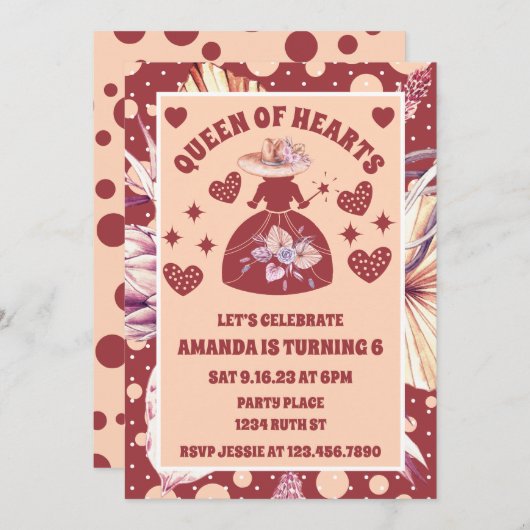 Invitation Pampas Grass Boho Reine Des Coeurs Anniversaire (Devant / Derrière)