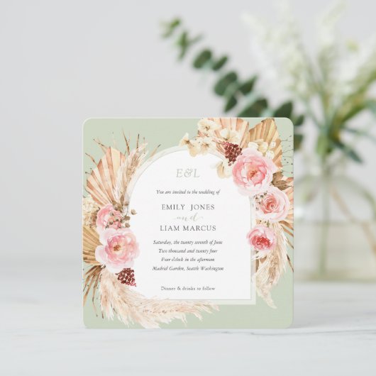 Invitation Pampas Grass Boho Sage Vert Floral Carré Mariage (Debout devant)