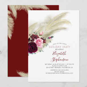 Invitation Pampas Grass Bourgogne Rouge Floral Anniversaire